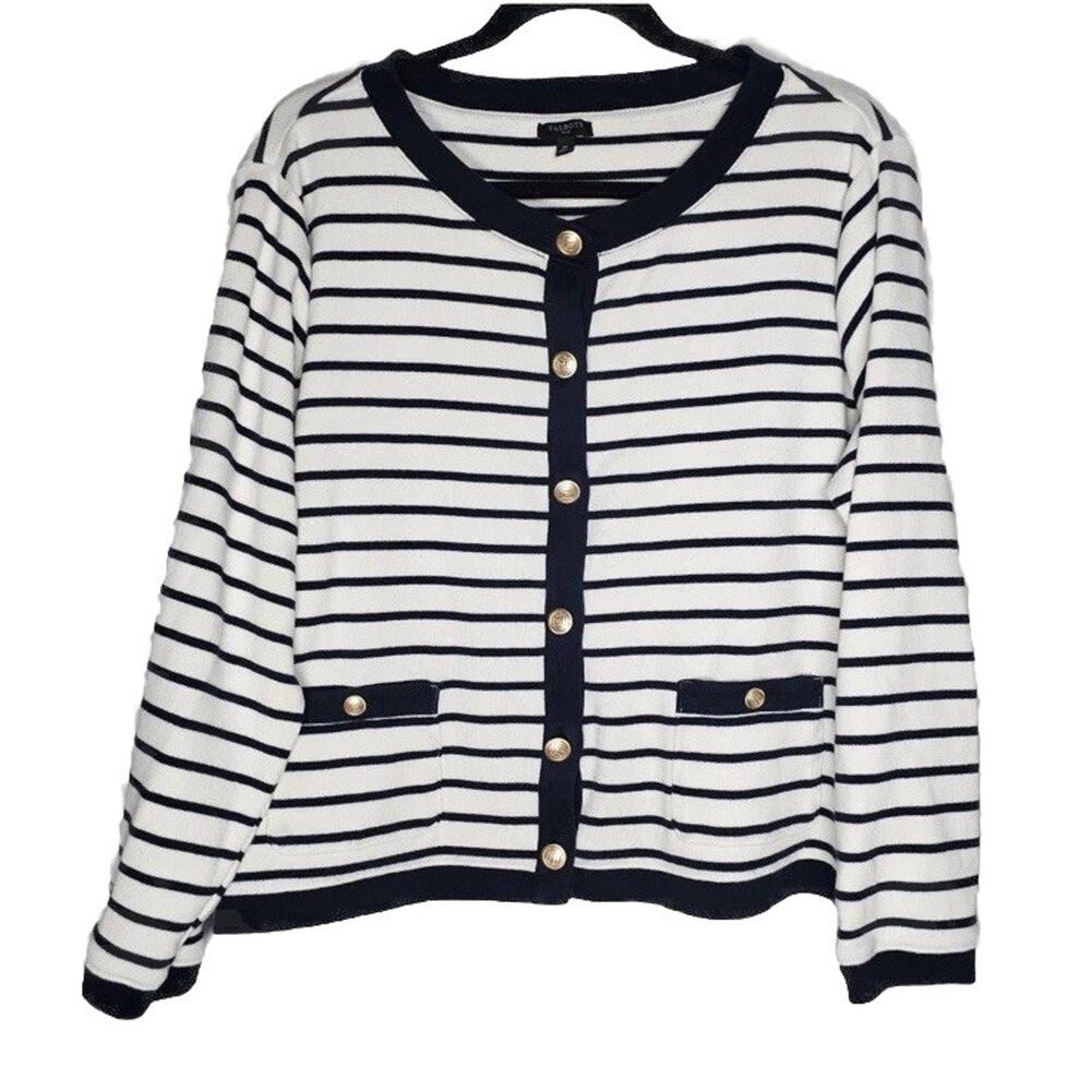 Talbots Patch Pocket Cardigan Delfina Stripe Navy Cream Nautical Heritage Sz MP